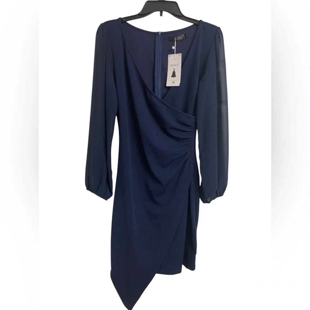 NWT Zesica Classic Fashion Collection Wrap Ruched Sheer Sleeve Midi Dress Size M
